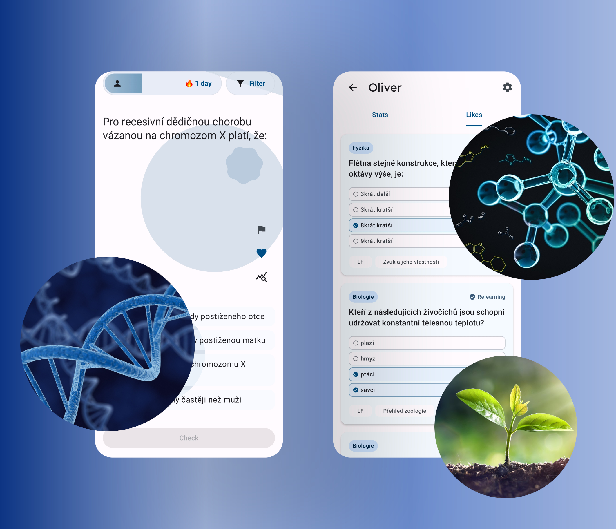 Ukážka rôznorodosti otázok: Biológia, Chémia, Fyzika